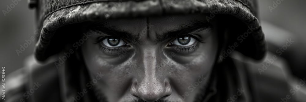 Intense close-up of a soldier's determined gaze, capturing the essence of bravery and resilience. Ideal for military, documentary, and motivational themes. Intense close-up of a soldier's determined gaze, capturing the essence of bravery and resilience. Ideal for military, documentary, and motivational themes.