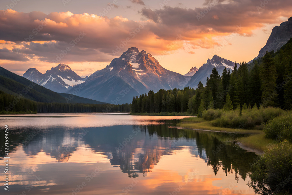 Fototapeta premium Golden Hour Landscape with Mountains and Calm Lake