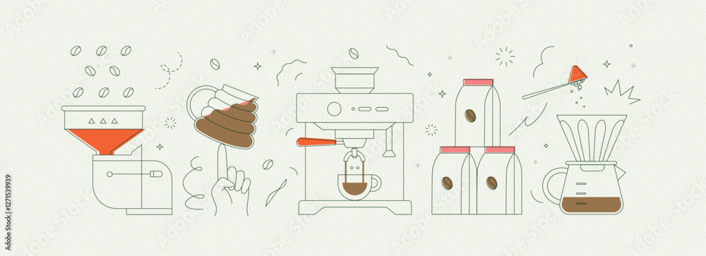 Coffee mill, cup, machine, pack, maker symbols drawing in modern linear art style on light background