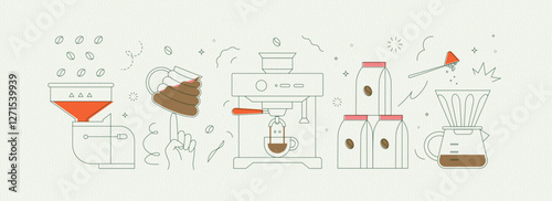 Obraz na płótnie Coffee mill, cup, machine, pack, maker symbols drawing in modern linear art style on light background w salonie