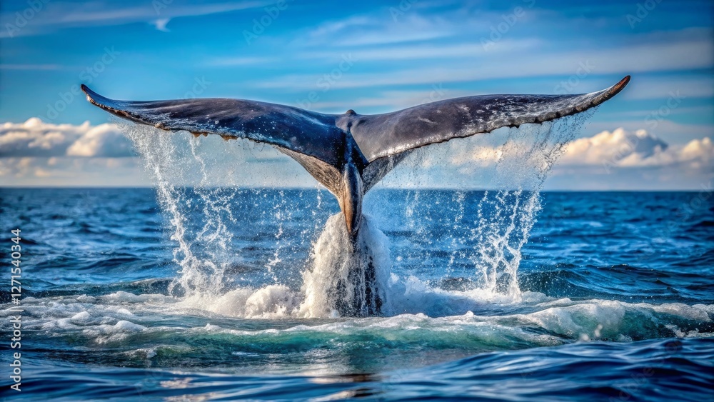 Fototapeta premium Majestic Whale's Fluke Exiting the Ocean's Surface, Creating a Stunning Spray of Water