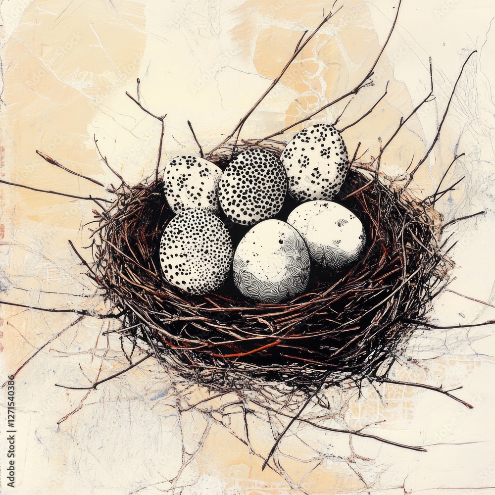 Obraz premium Speckled eggs in a detailed nest on artistic cream background