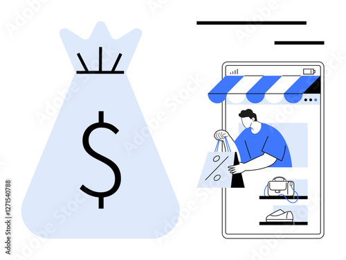 Money bag with dollar sign beside a smartphone displaying an online store and shopper holding discount bags. Ideal for e-commerce, online shopping, digital sales, retail business, e-marketing, mobile