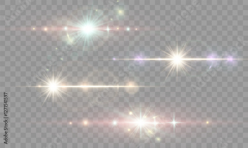 Soft rainbow light burst with glowing lens flare, transparent bokeh highlights, ethereal sparkle effect, pastel-colored radiance, horizontal gleam, dreamy glow with green and yellow reflections