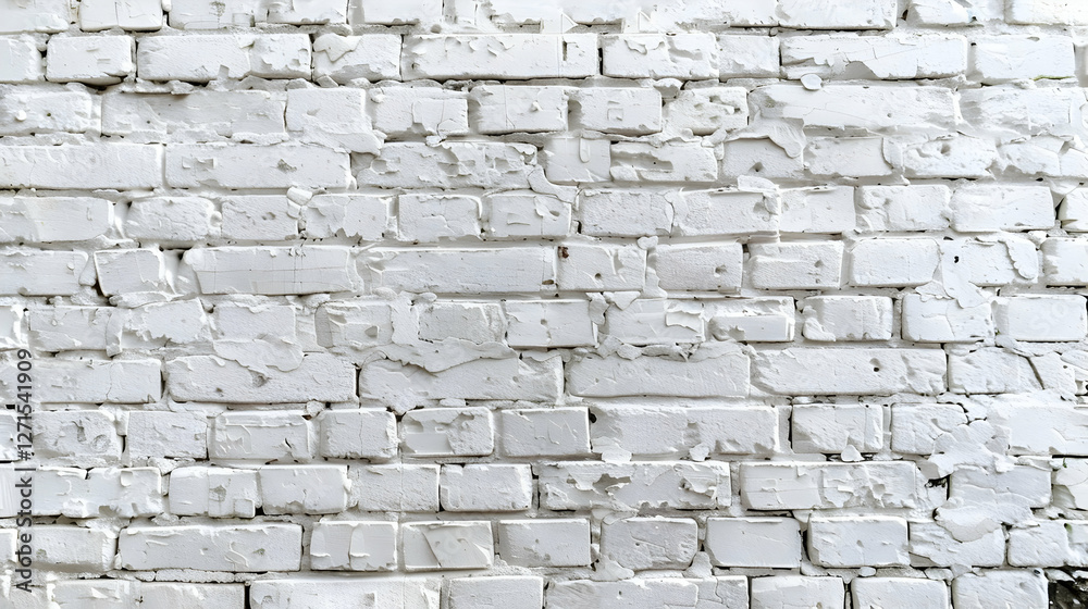 Fototapeta premium Textured white brick wall with peeling paint, ideal for backgrounds in design projects (1)