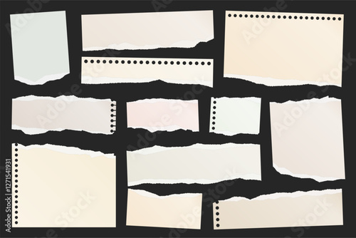 Ripped paper strips. Realistic crumpled paper scraps with torn edges. Shreds of notebook, book or old newspaper pages. Trendy collage elements. Vector illustration