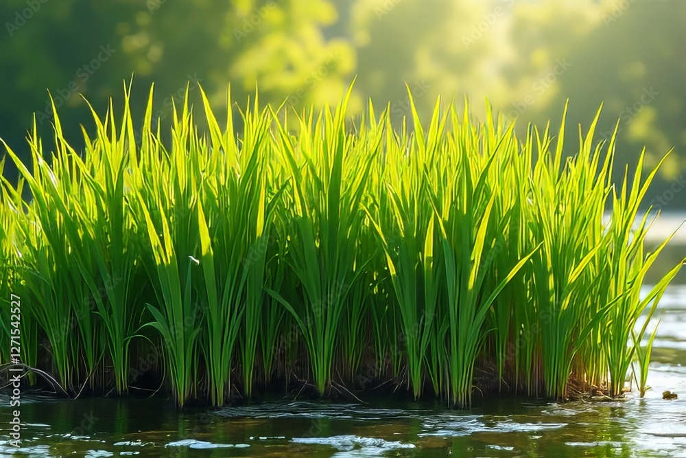 Obraz premium Lush Green Rice Seedlings Growing in Water