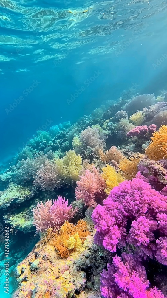 Fototapeta premium Vibrant Coral Reef under Clear Blue Ocean Water in Tropical Paradise