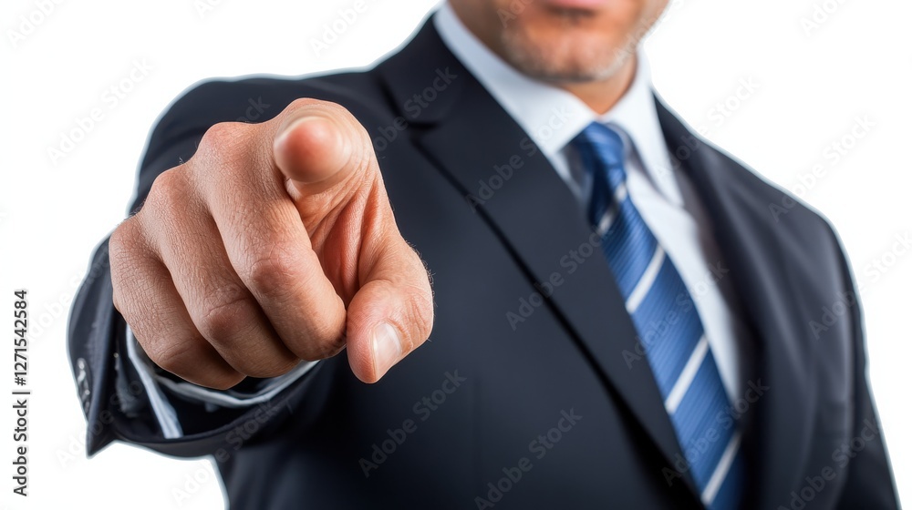 Close-up of a business professional in a suit pointing forward, symbolizing leadership and direction. Close-up of a business professional in a suit pointing forward, symbolizing leadership and direction.