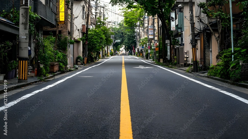 Empty City Street with Yellow Center Line and Lush Green Trees