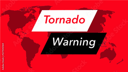 Tornado warning. A television weather banner, known as an “over the shoulder”  is seen with a map of the world showing the United States. Colors are red, black and white and this is a vector graphic .