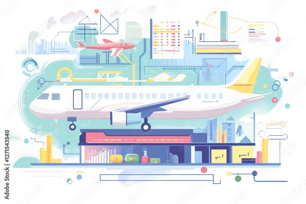 Obraz premium Airplane at airport with logistics and data flow.