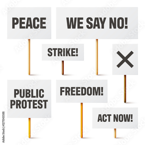Blank white protest signs with text slogans on wooden holder. Various realistic vector demonstration banners. Strike action cardboard placard mockup. Social advertisement. Vector illustration