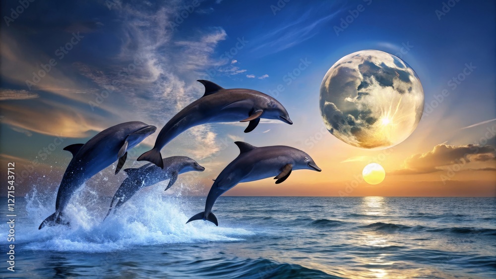 Fototapeta premium Oceanic Ballet Dolphins Leap in Harmony Under a Celestial Sphere at Sunset