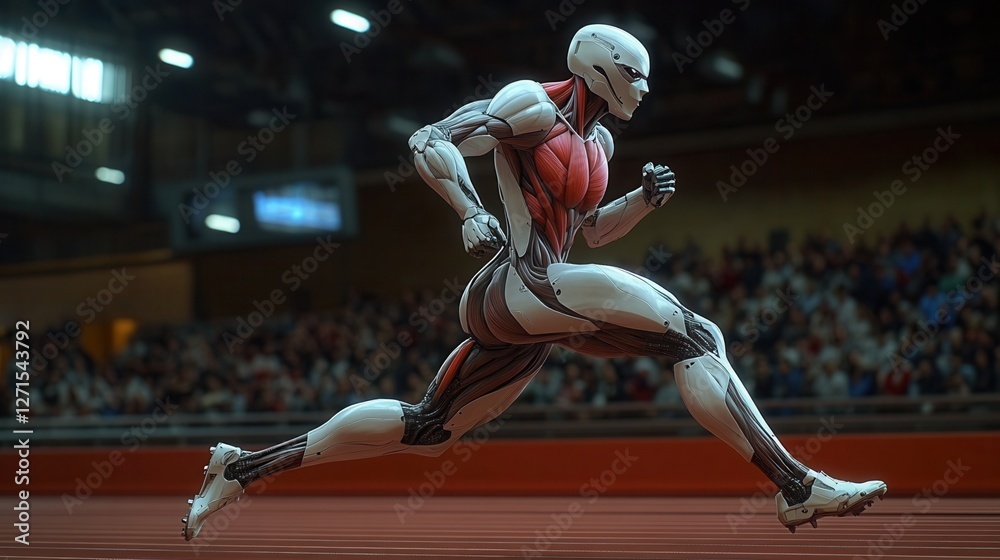 Fototapeta premium A futuristic humanoid robot is sprinting on a track, showcasing advanced anatomy in a dynamic athletic pose amid a cheering crowd.