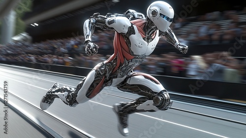 A sleek, futuristic robot races forward, showcasing advanced technology and athleticism in a dynamic environment.