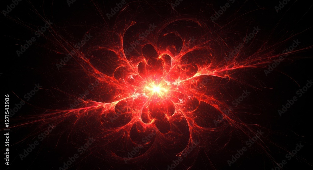 Fractal Energy: A captivating fractal image explodes with vibrant red energy, radiating outwards from a bright central core, representing raw power and cosmic force. Fractal Energy: A captivating fractal image explodes with vibrant red energy, radiating outwards from a bright central core, representing raw power and cosmic force.