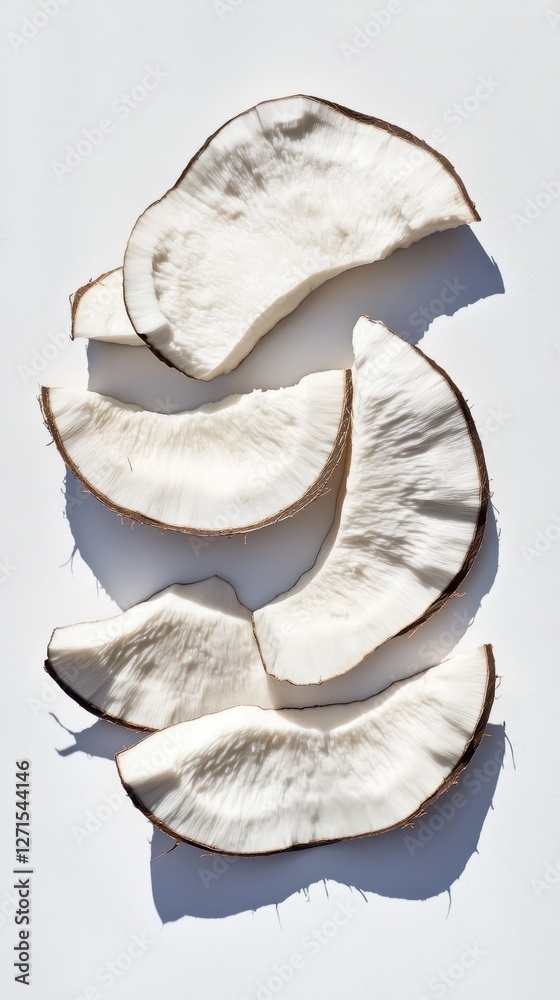 Dried coconut slices are arranged to show their white flesh and brown edges in natural light