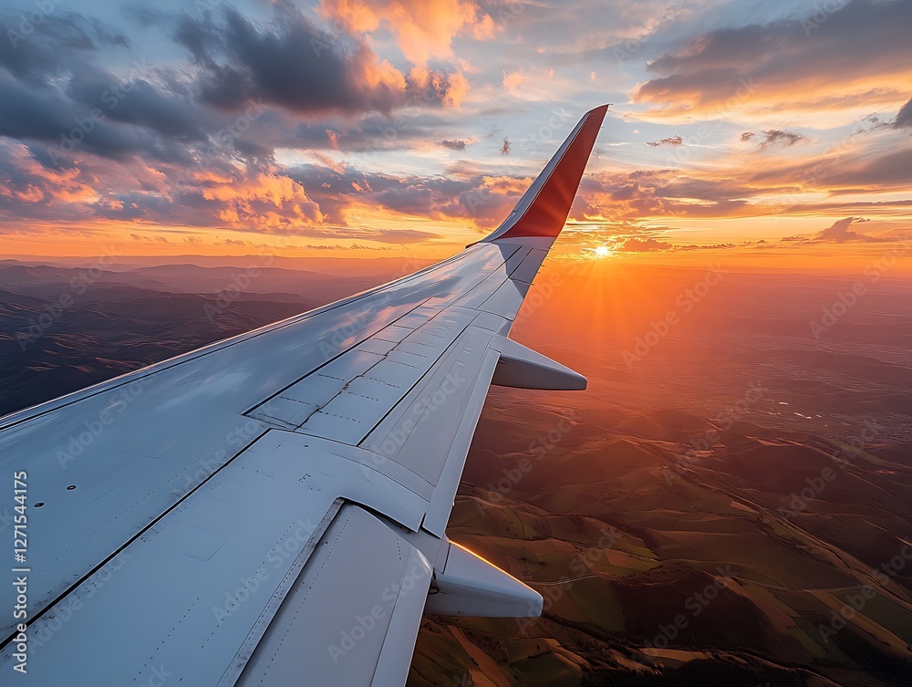 Obraz premium Airplane Wingview Depicting a Scenic Sunset Over Lush Green Valleys