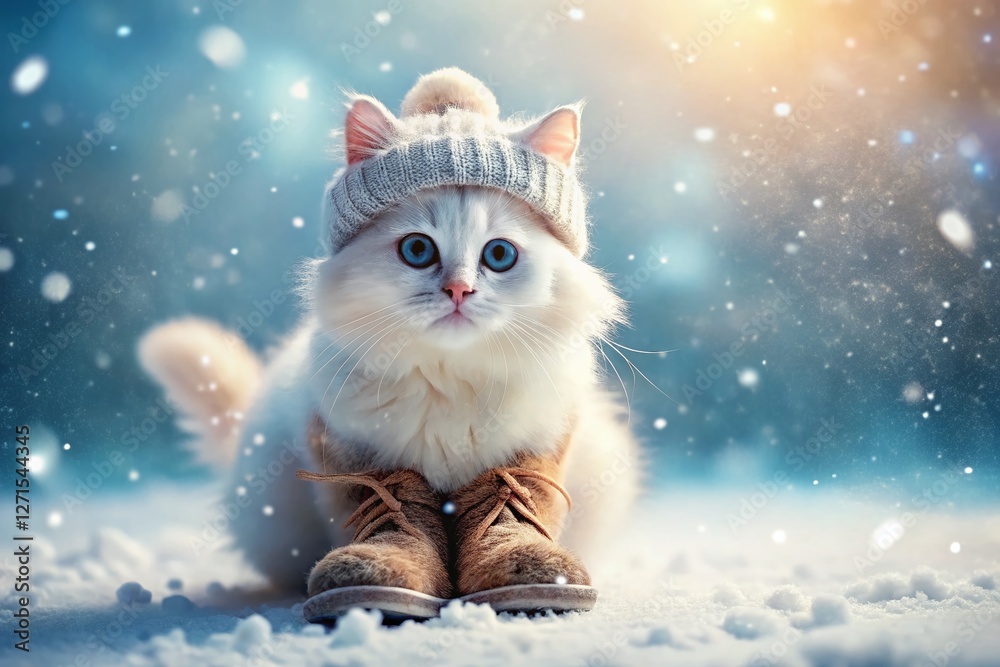 Obraz premium Adorable White Kitten in Winter Outfit Plays in Snow - Cute Pet Stock Photo