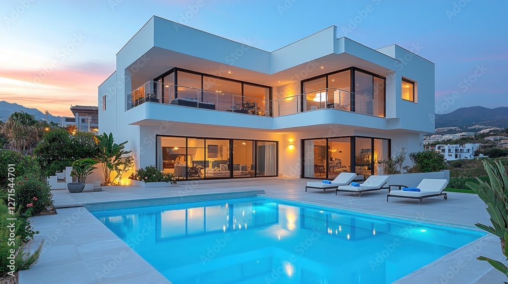 Modern villa sunset poolside luxury estate Modern villa sunset poolside luxury estate