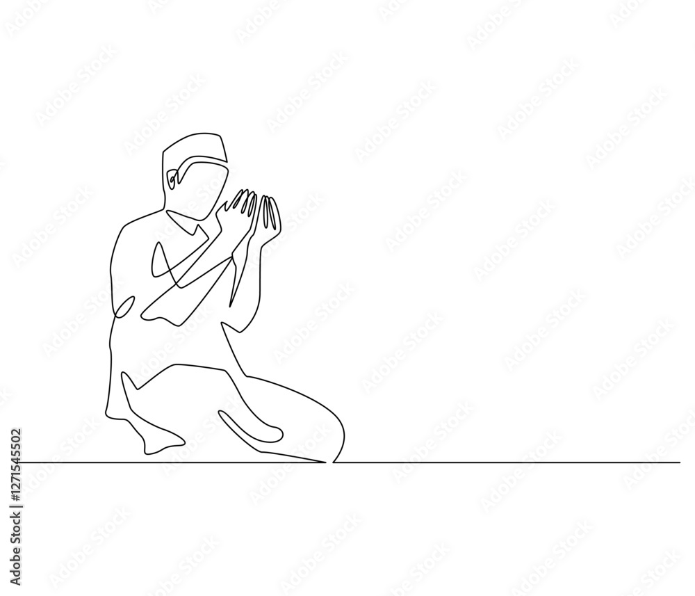 Obraz premium Continuous one line drawing of muslims prayer. Single line drawing illustration of Muslim person sitting and praying. Ramadan kareem concept vector art. Doodle line illustration.
