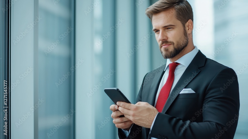 Focused businessman in a suit using smartphone, standing by office window, natural light streaming in. Focused businessman in a suit using smartphone, standing by office window, natural light streaming in.