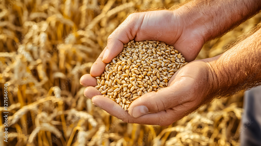 Wheat harvest shows farmer holding grain in golden fields during sunny afternoon Wheat harvest shows farmer holding grain in golden fields during sunny afternoon