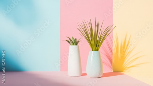Wallpaper Mural Two white vases with green plants on colorful pink, blue, and yellow background Torontodigital.ca