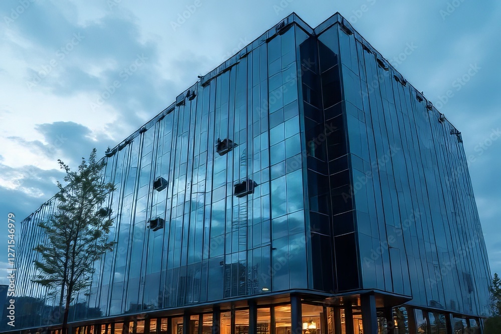 Modern Glass Office Building at Twilight with Reflected Sky Modern Glass Office Building at Twilight with Reflected Sky