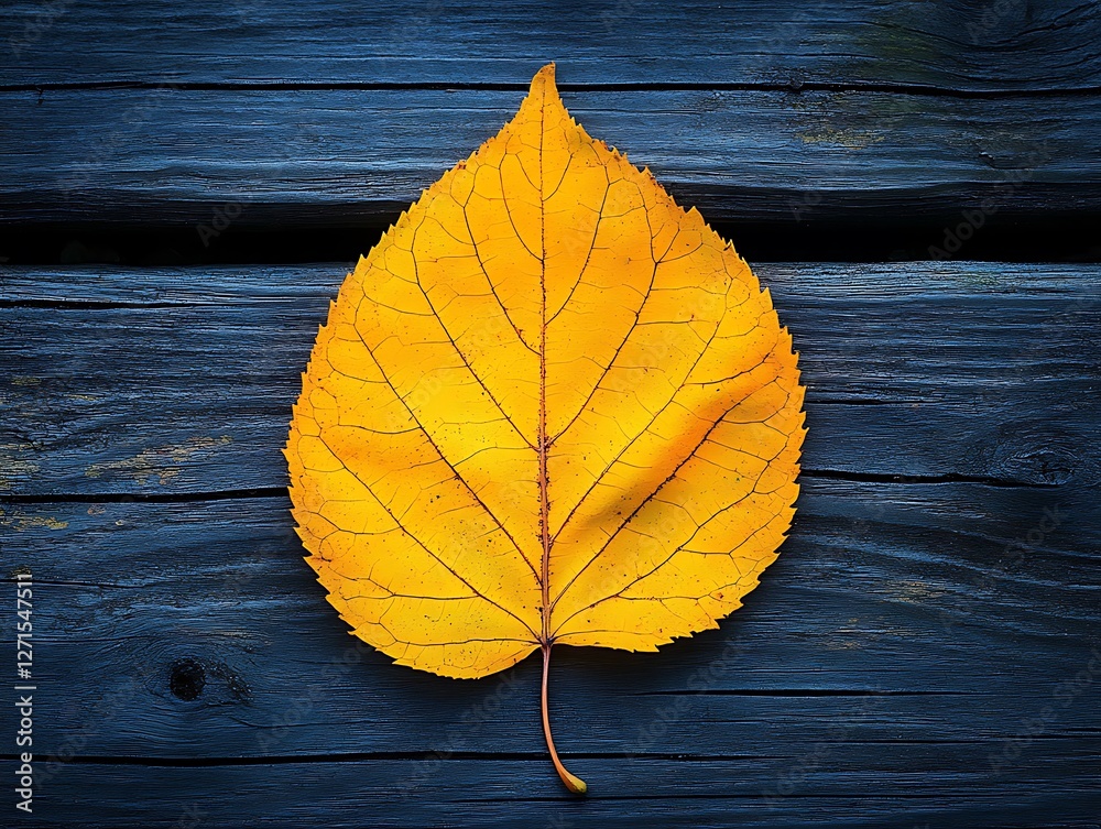Bright Yellow Leaf Placed on a Textured Dark Wooden Background Surface Bright Yellow Leaf Placed on a Textured Dark Wooden Background Surface