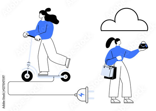 Women riding electric scooter, shopping with bags, cloud shape, plug for charging. Ideal for eco-awareness, urban mobility, e-commerce, digital lifestyle, convenience modern living sustainability