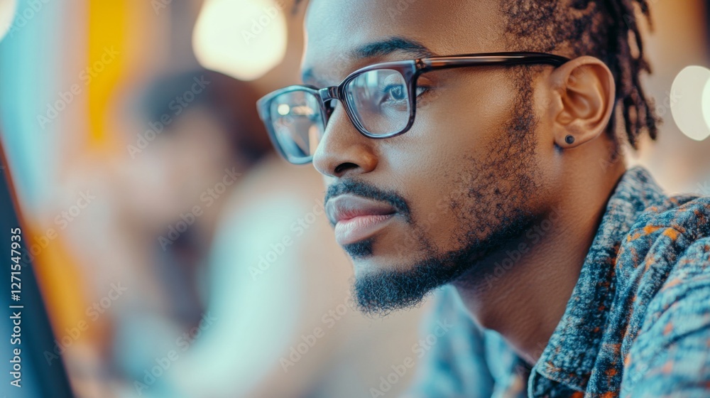 Young male adult with glasses focused on a computer screen in an office setting Young male adult with glasses focused on a computer screen in an office setting