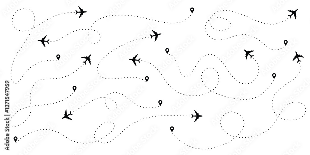 Set of airplane routes in dotted line traces. Airplane tracking plane route path, location pin, plane trip, map pin on white background. Vector illustration for infographics, maps, tracks Set of airplane routes in dotted line traces. Airplane tracking plane route path, location pin, plane trip, map pin on white background. Vector illustration for infographics, maps, tracks