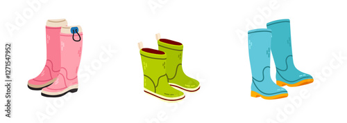 Rubber boots set isolated on white background. Vector flat illustration