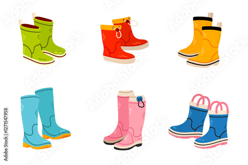 Various collection of Rubber boots isolated on white background. Vector flat illustration