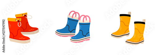 Rubber boots set isolated on white background. Vector flat illustration