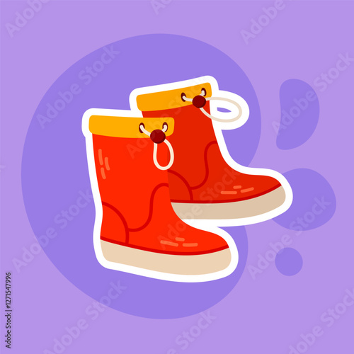 Sticker of cute red Rubber boots on violet background Vector flat illustration