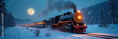A classic steam locomotive travels through a snowy landscape under a full moon, evoking nostalgia and adventure in winter travel.