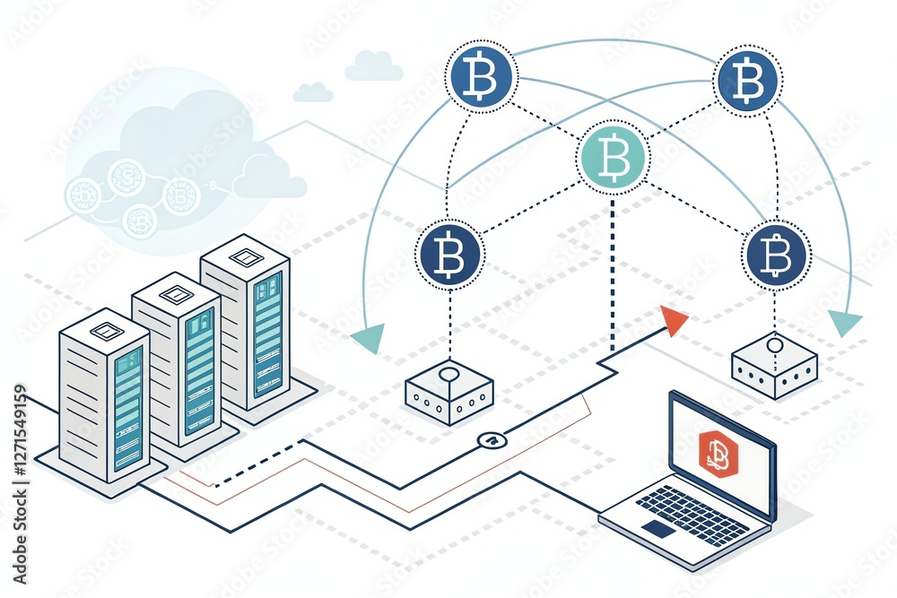 Illustration of blockchain concept with cryptocurrency and data server elements.
