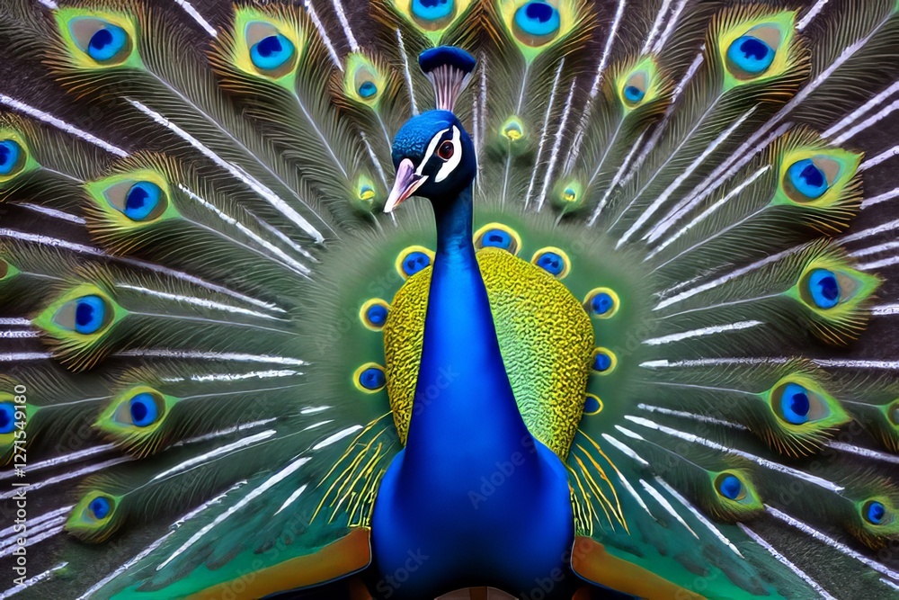 Obraz premium Peacock with Vibrant Colorful Feathers Close-up Displaying Detailed Patterns
