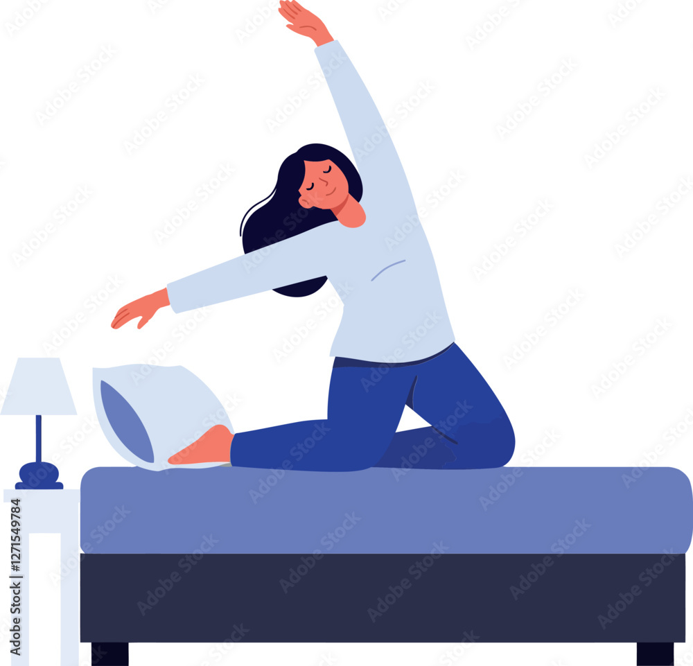 Fototapeta premium Woman stretching in bed in a minimal flat vector illustration