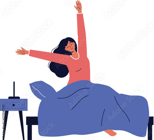 Woman stretching in bed with blue blanket flat vector illustration