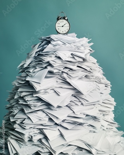 Overwhelming paperwork mountain with a small clock indicating urgent deadlines. Generative AI