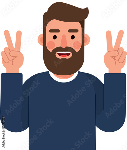 Happy man giving peace sign in flat vector illustration