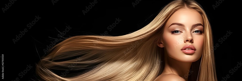 Obraz premium Model with long flowing hair poses gracefully against a dark backdrop, showcasing beauty and elegance in fashion photography