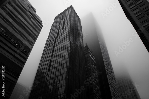Tall buildings pierce low clouds in a foggy urban landscape with modern architecture