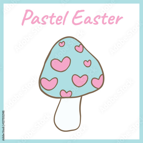 Whimsical pastel mushroom with a blue cap decorated with pink hearts, creating a cute and fantasy-inspired design perfect for spring themes