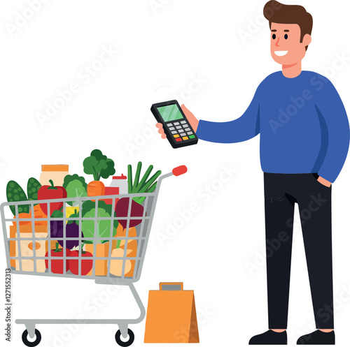 Man shopping with a cart full of groceries in flat vector art