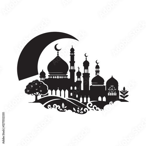 Salam Ramadan Silhouette Vector Illustration, Solid White Background.
